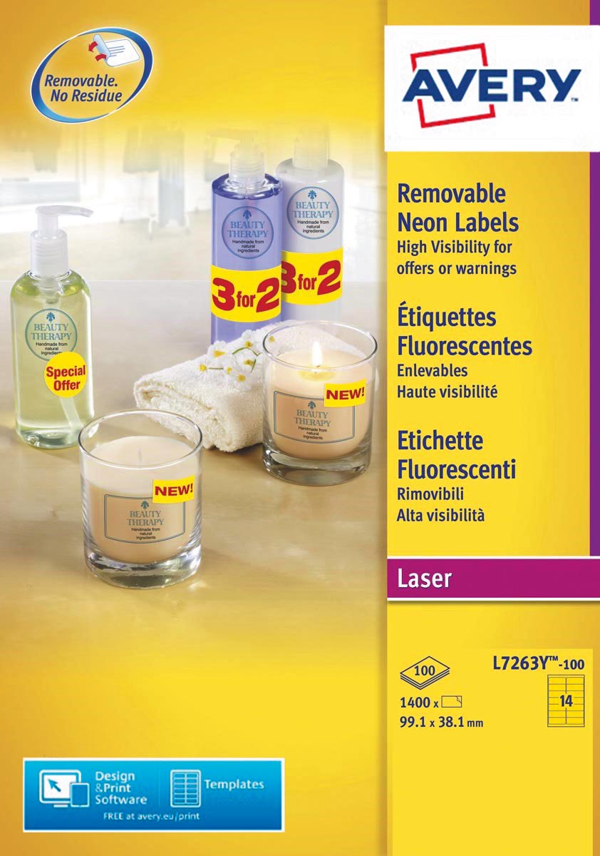Avery afneembare neon etiketten ft 99,1 x 38,1 mm (b x h), doos van 100 blad, 1400 stuks, neongeel afbeelding