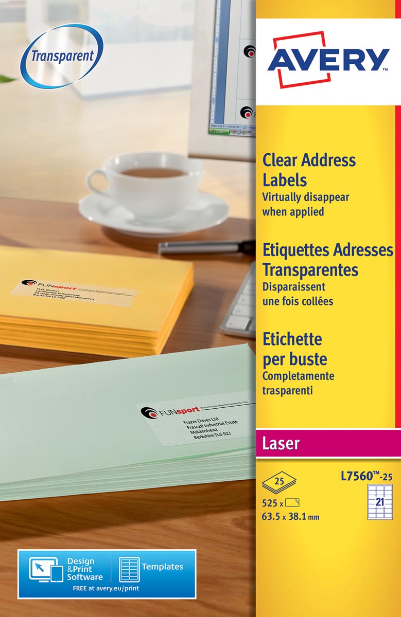 Avery L7560-25 adresetiketten ft 63,5 x 38,1 mm (b x h), 525 etiketten, transparant afbeelding