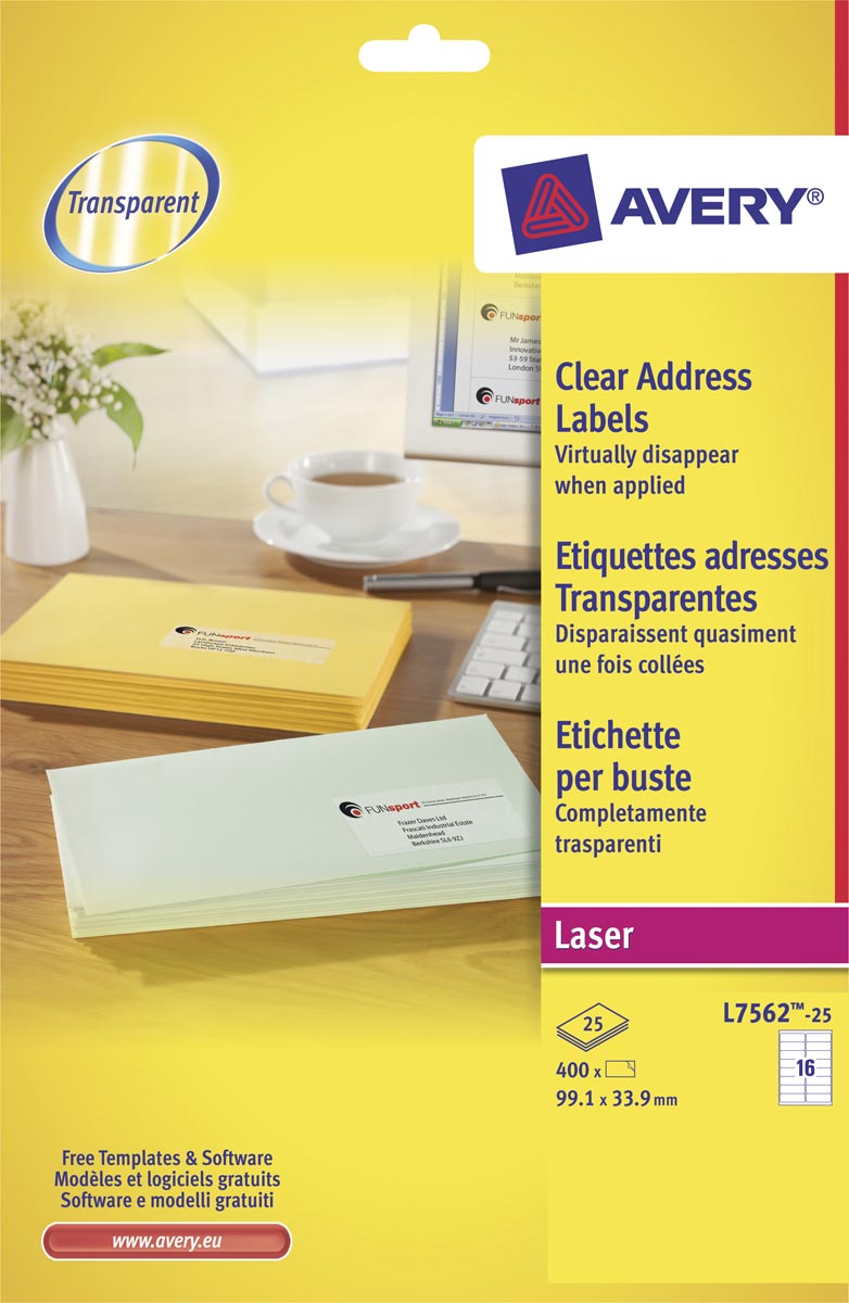 Avery transparante etiketten QuickPEEL ft 99,1 x 33,9 mm (b x h), 400 stuks, 16 per blad