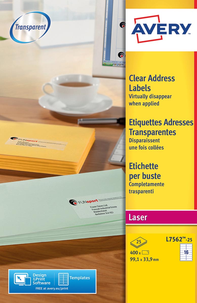 Avery transparante etiketten QuickPEEL ft 99,1 x 33,9 mm (b x h), 400 stuks, 16 per blad afbeelding
