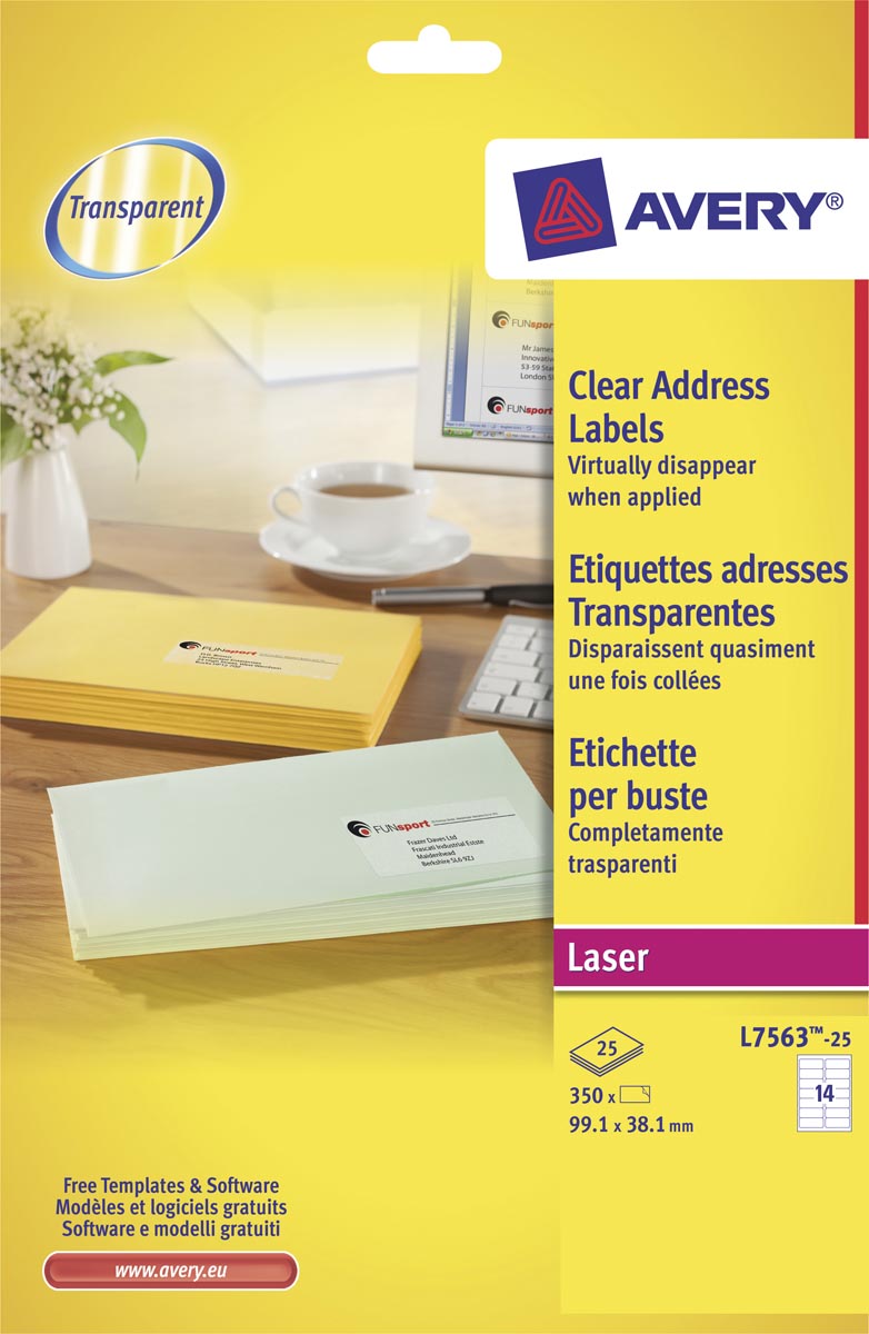 Avery transparante etiketten QuickPEEL ft 99,1 x 38,1 mm (b x h), 350 stuks, 14 per blad