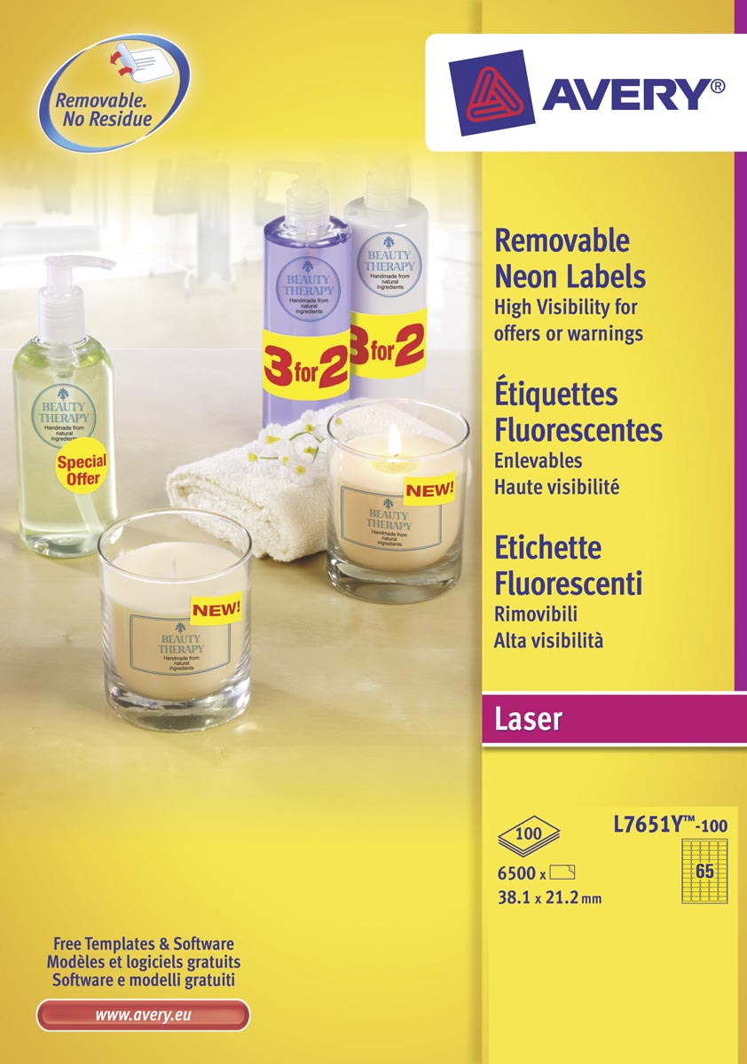 Avery afneembare neon etiketten ft 38,1 x 21,2 mm (b x h), doos van 100 blad, 6500 stuks, neongeel