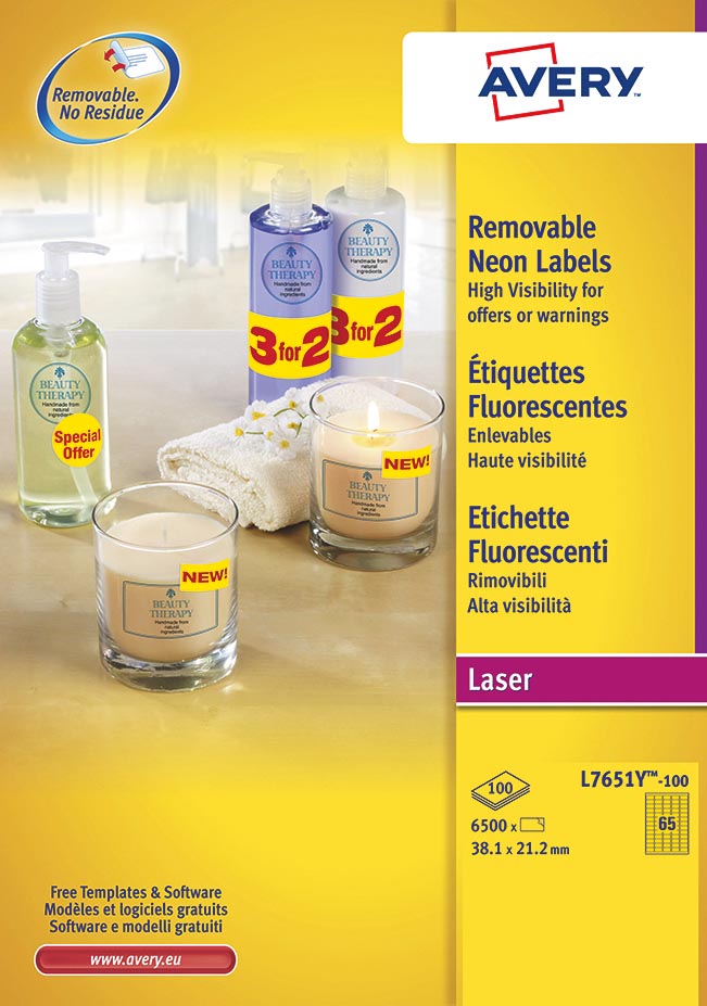 Avery afneembare neon etiketten ft 38,1 x 21,2 mm (b x h), doos van 100 blad, 6500 stuks, neongeel afbeelding