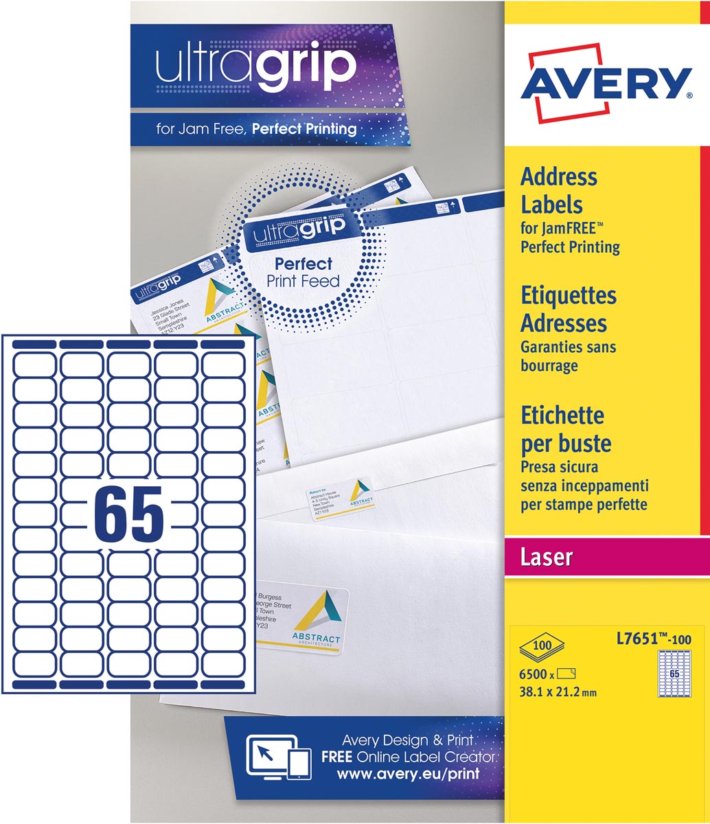Avery L7651, Verzendetiketten, Laser, Ultragrip, wit, 100 vellen, 65 per vel, 38,1 x 21,2 mm Avery L7651, Verzendetiketten, Laser, Ultragrip, wit, 100 vellen, 65 per vel, 38,1 x 21,2 mm