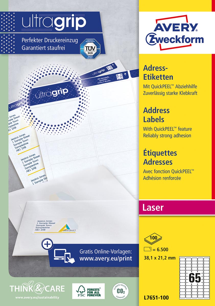 Avery L7651, Verzendetiketten, Laser, Ultragrip, wit, 100 vellen, 65 per vel, 38,1 x 21,2 mm afbeelding