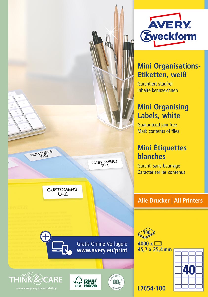 Avery Witte laseretiketten QuickPeel ft 45,7 x 25,4 mm (b x h), 4.000 stuks, doos van 100 blad afbeelding