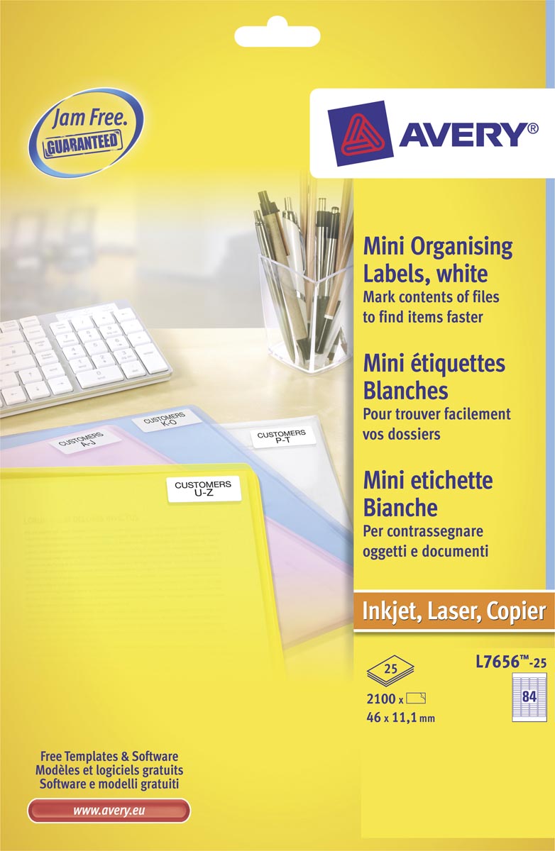 Avery mini-etiketten ft 46 x 11,1 mm (b x h), 2.100 stuks, 84 per blad, doos van 25 blad
