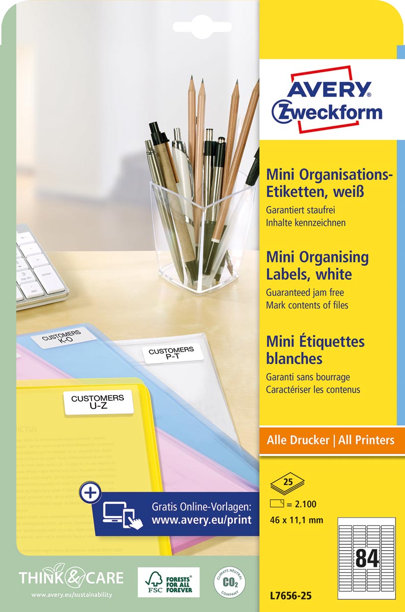 Avery mini-etiketten ft 46 x 11,1 mm (b x h), 2.100 stuks, 84 per blad, doos van 25 blad afbeelding