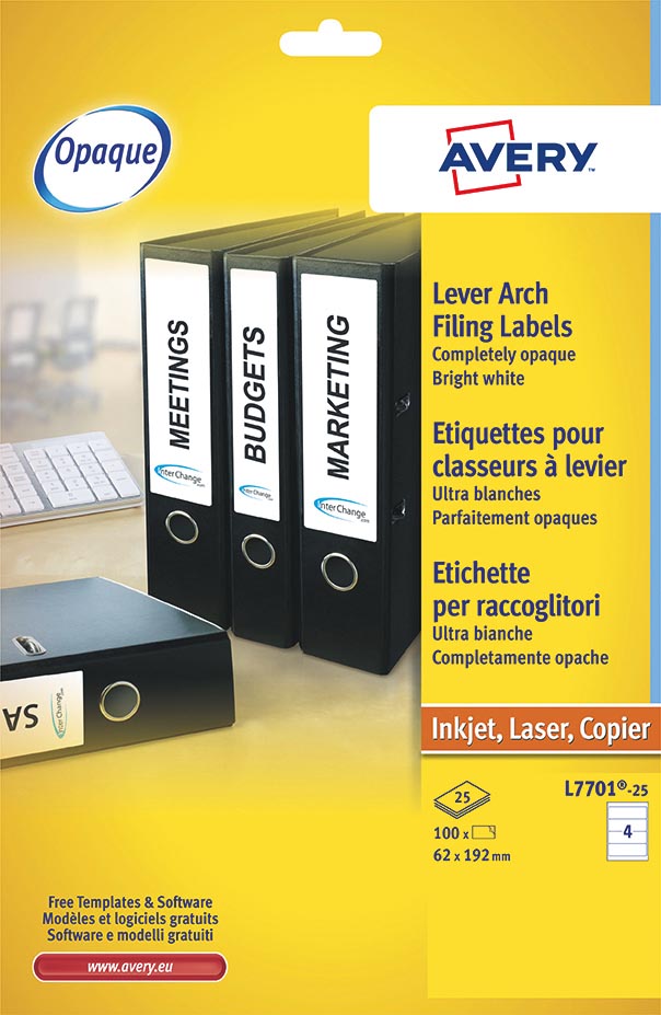 Avery Zweckform L7701-25 ordnerrugetiketten ft 19,2 x 6,2 cm (b x h), 100 etiketten, wit afbeelding