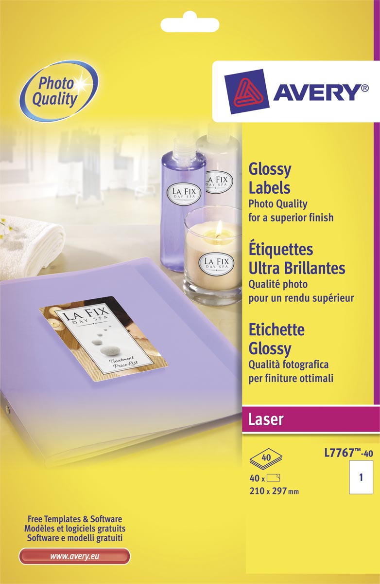 Avery Etiketten hoogglanzend ft 210 x 297 mm (b x h), doos van 40 blad, 40 stuks
