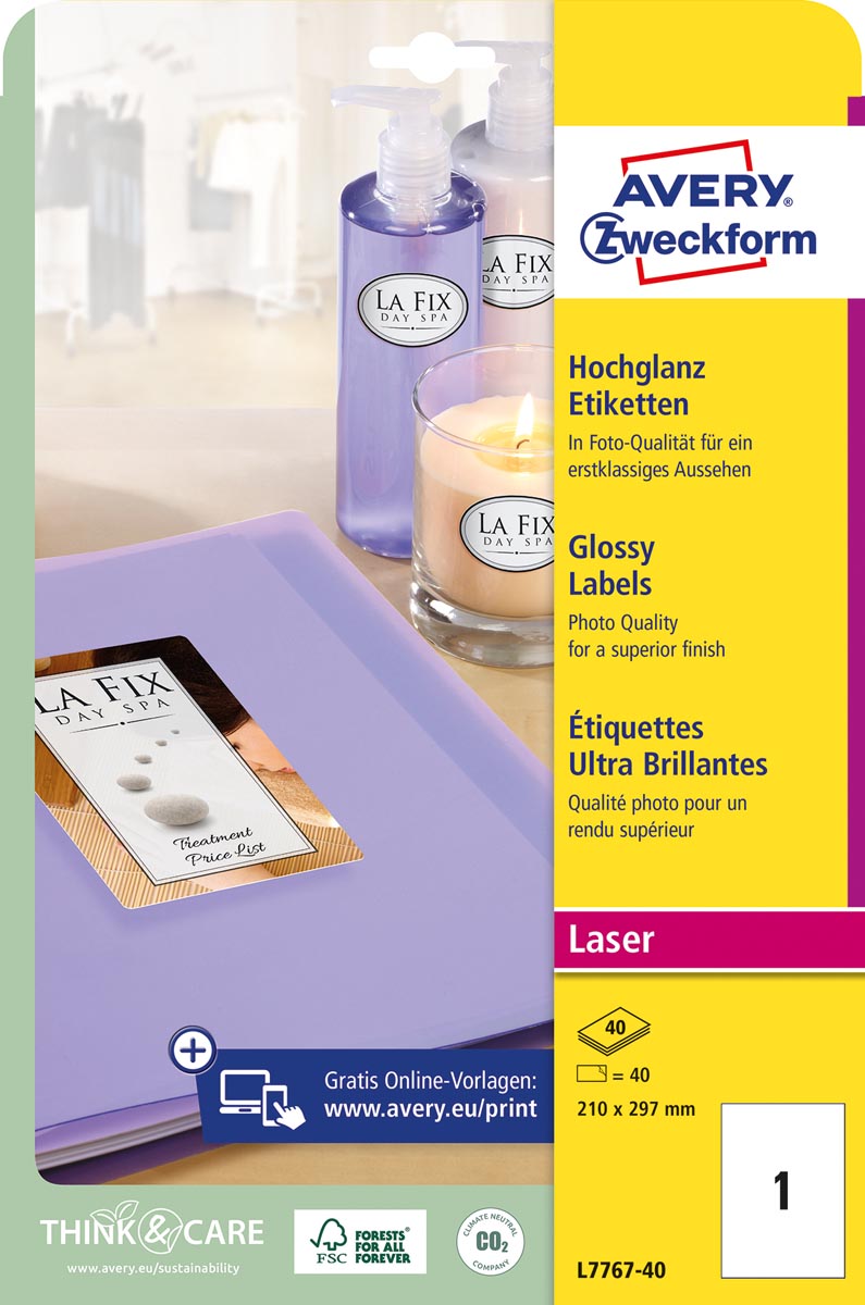 Avery Etiketten hoogglanzend ft 210 x 297 mm (b x h), doos van 40 blad, 40 stuks afbeelding