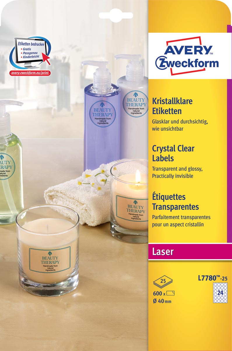 Avery transparante Crystal Clear etiketten diameter 40 mm, 600 etiketten, 24 per vel afbeelding