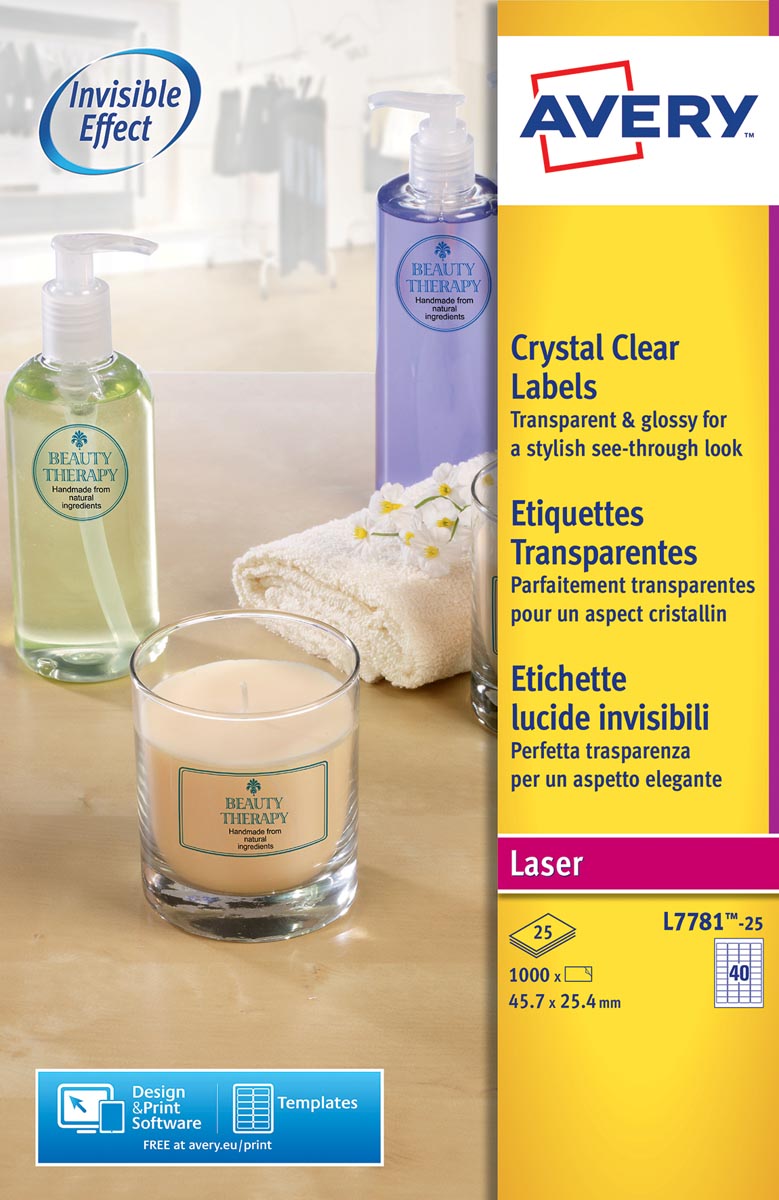 Avery transparante Crystal Clear etiketten ft 45,7 x 25,4 mm, 1000 stuks, 40 per vel