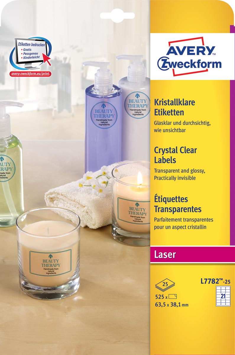 Avery transparante Crystal Clear etiketten ft 63,5 x 38,1 mm, 525 etiketten, 21 per vel afbeelding
