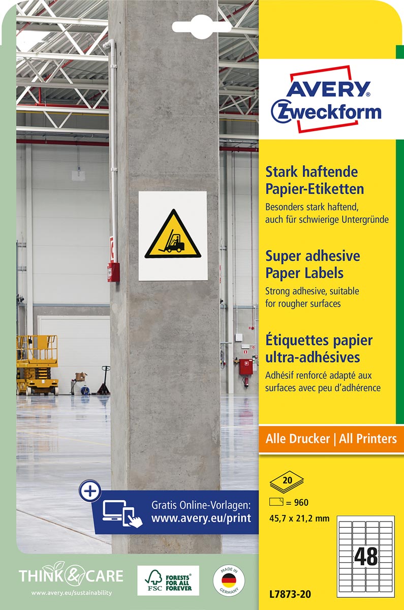Avery sterk klevende papieren etiketten, ft 45,7 x 21,2 mm, pak van 960 etiketten