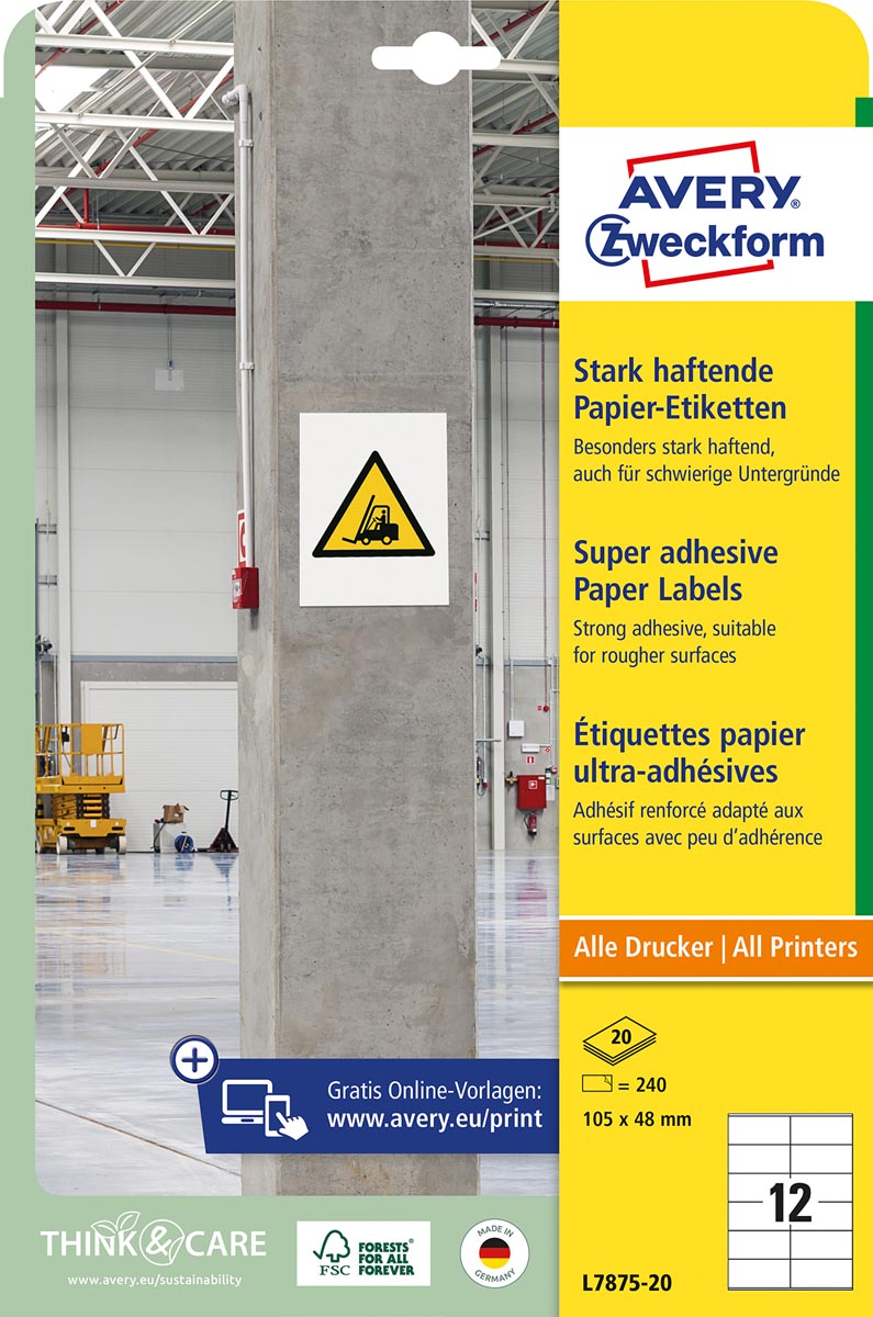 Avery sterk klevende papieren etiketten, ft 105 x 48 mm, pak van 240 etiketten