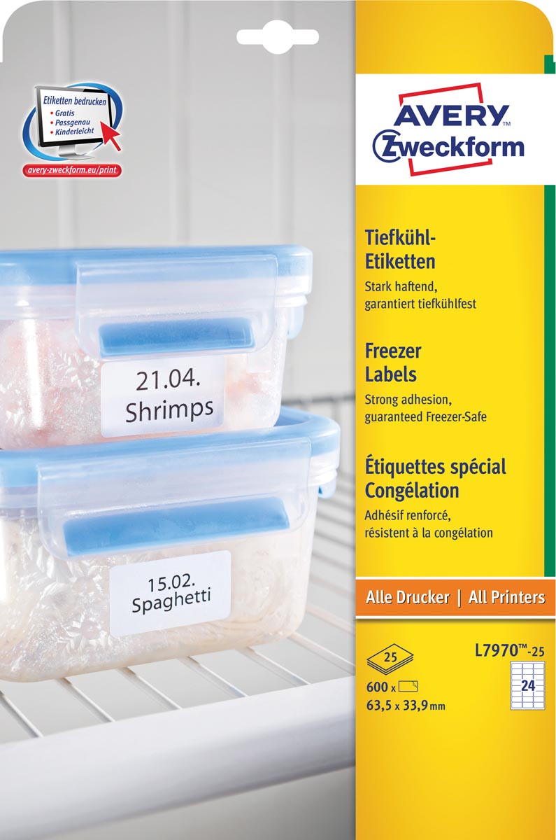 Avery diepvriesetiketten Ft 63,5 x 33,9 mm (b x h), wit, doos van 600 etiketten afbeelding