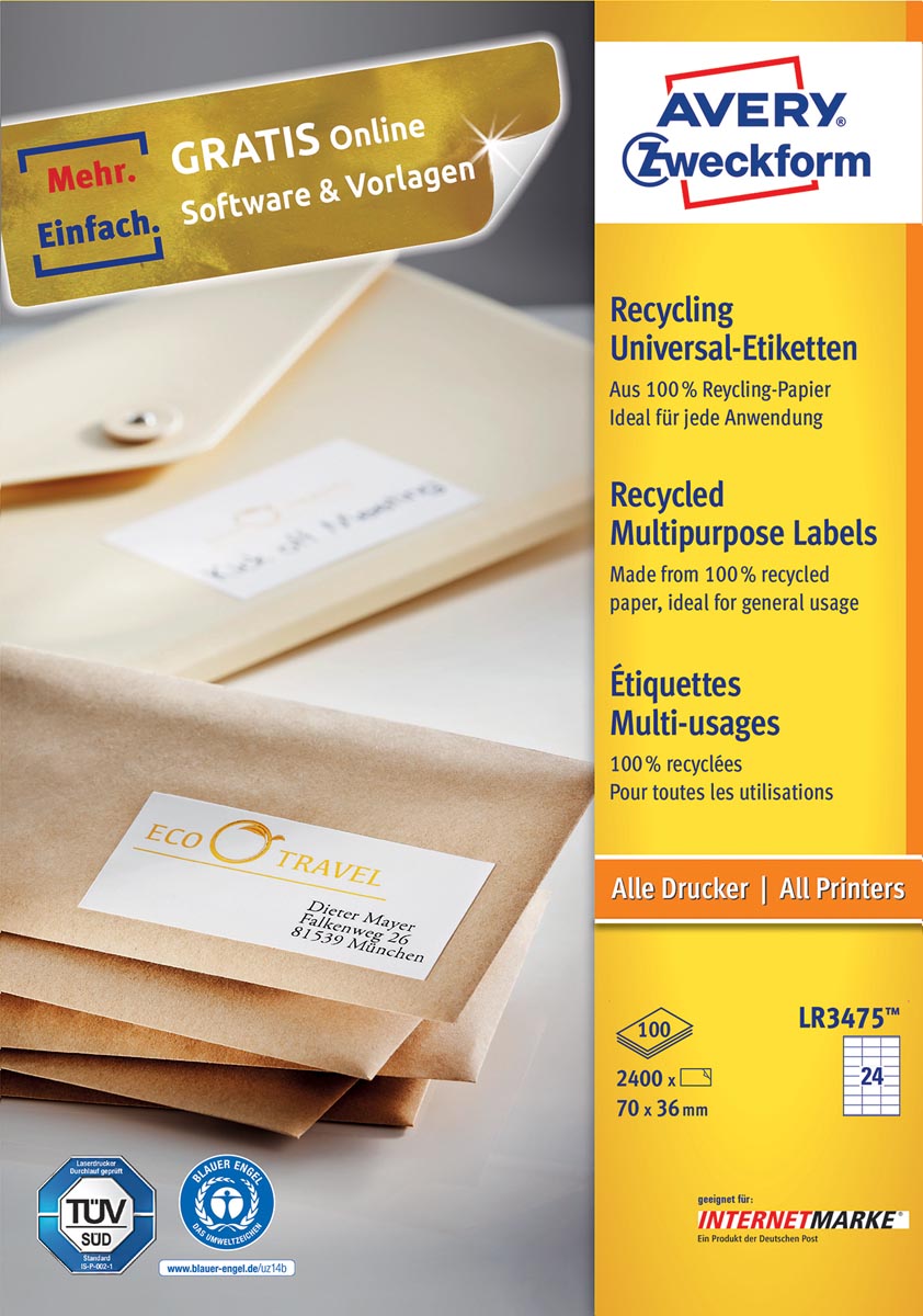 Avery Zweckform Lr3475 Gerecycleerde Universele Etiketten Ft 70 X 36 Mm B X H 2400 Wit huismerk kopen in de aanbieding Avery Zweckform Lr3475 Gerecycleerde Universele Etiketten Ft 70 X 36 Mm B X H 2400 Wit huismerk kopen in de aanbieding