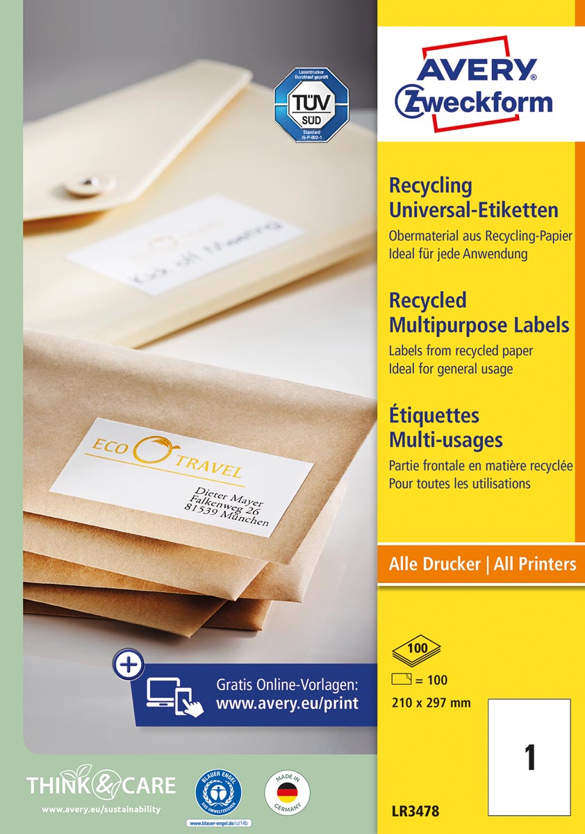 Avery witte gerecycleerde universele etiketten ft 210 x 297 mm (b x h), 100 stuks, 1 per blad afbeelding