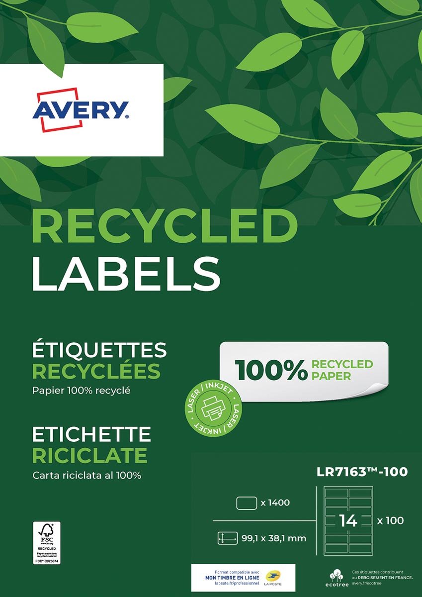 Avery gerecycleerde witte laseretiketten QuickPeel ft 99,1 x 38,1 mm (b x h), 1.400 stuks, 14 per blad