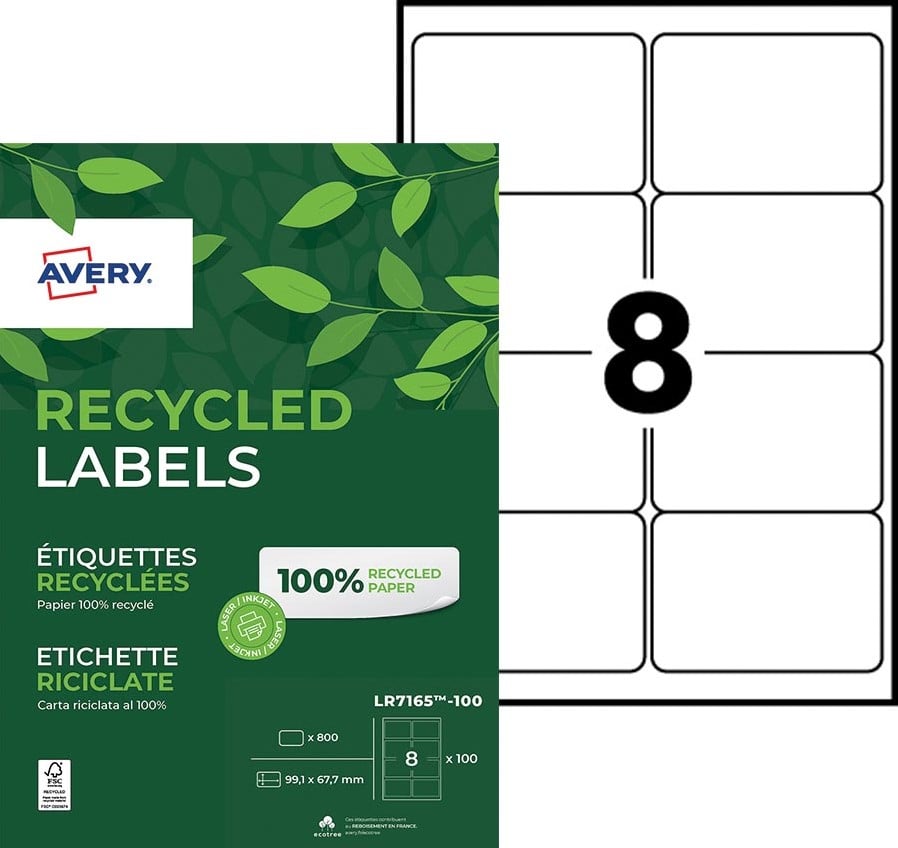 Avery étiquettes laser recyclées QuickPeel ft 99,1 x 67,7 mm (l x h), 800 pièces, 8 par feuille