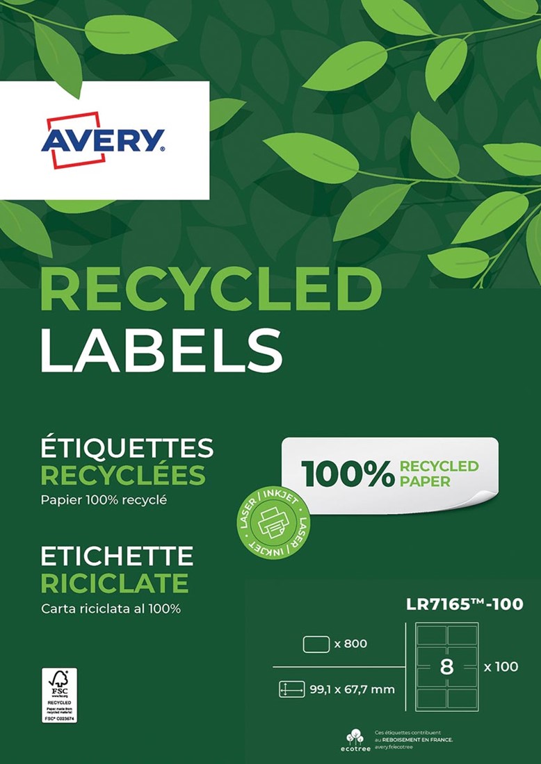 Avery étiquettes laser recyclées QuickPeel ft 99,1 x 67,7 mm (l x h), 800 pièces, 8 par feuille
