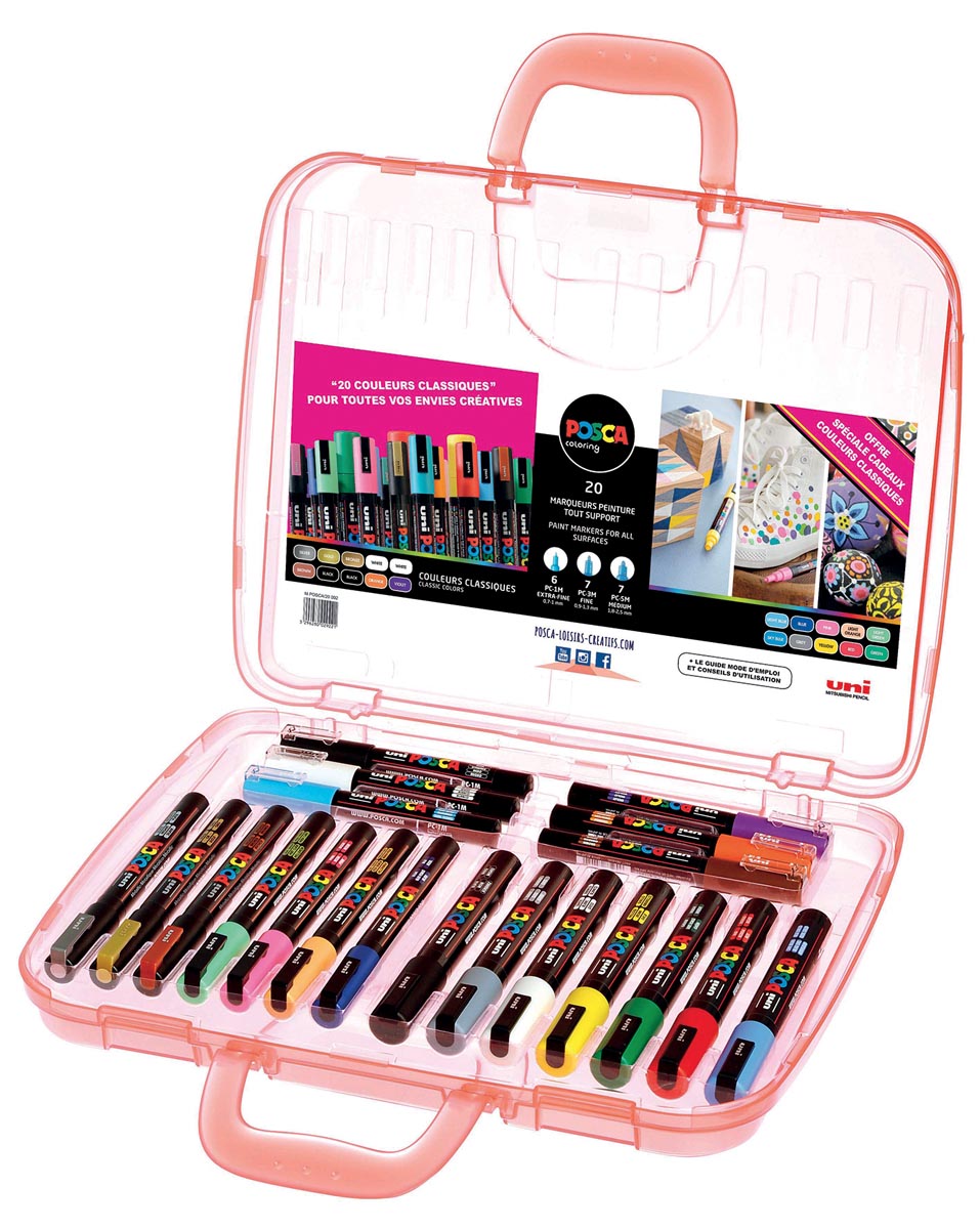 Posca paintmarkerkoffer, 20 stuks met geassorteerde punten en kleuren