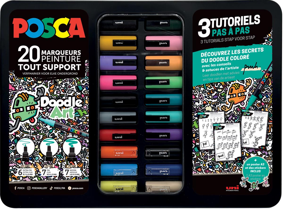 Uni Posca paintmarker Doodle Art, verschillende punten, metalen koffer van 20 stuks