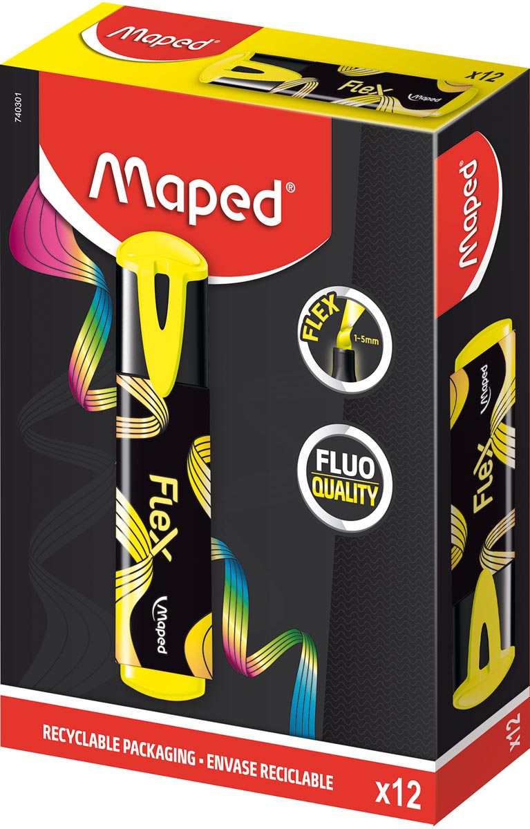 Maped Fluo'Peps Flex markeerstift, geel, doos van 12 stuks Maped Fluo'Peps Flex markeerstift, geel, doos van 12 stuks