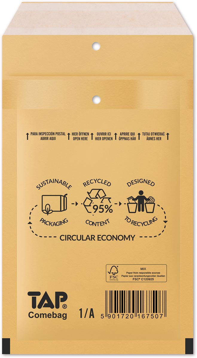 Comebag luchtkussenenveloppen, ft 100 x 165 mm, met stripsluiting, bruin, doos van 200 stuks afbeelding