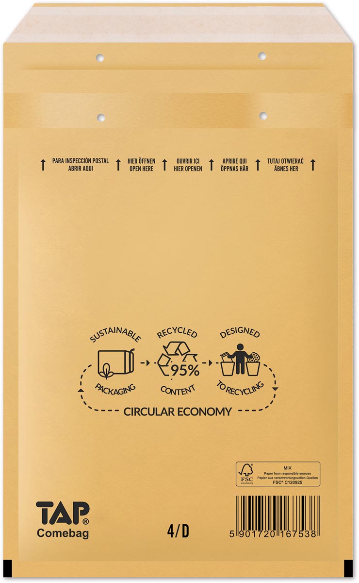 Comebag luchtkussenenveloppen, ft 180 x 265 mm, met stripsluiting, bruin, doos van 100 stuks afbeelding