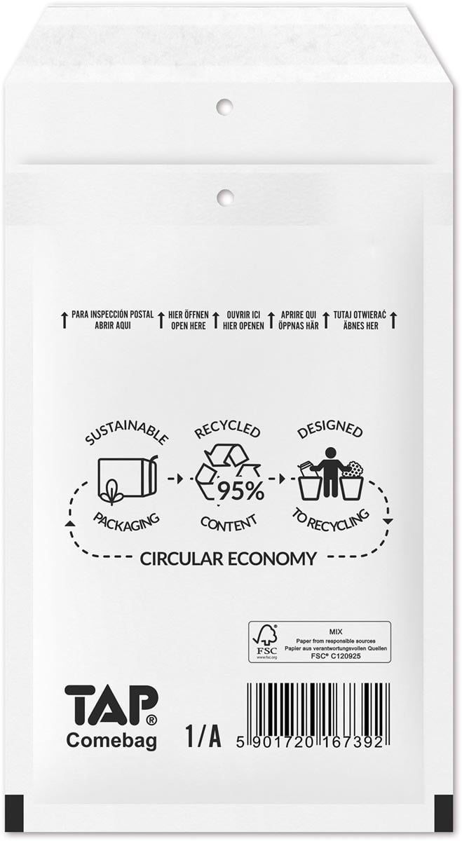 Comebag luchtkussenenveloppen, ft 100 x 165 mm, met stripsluiting, wit, doos van 200 stuks afbeelding