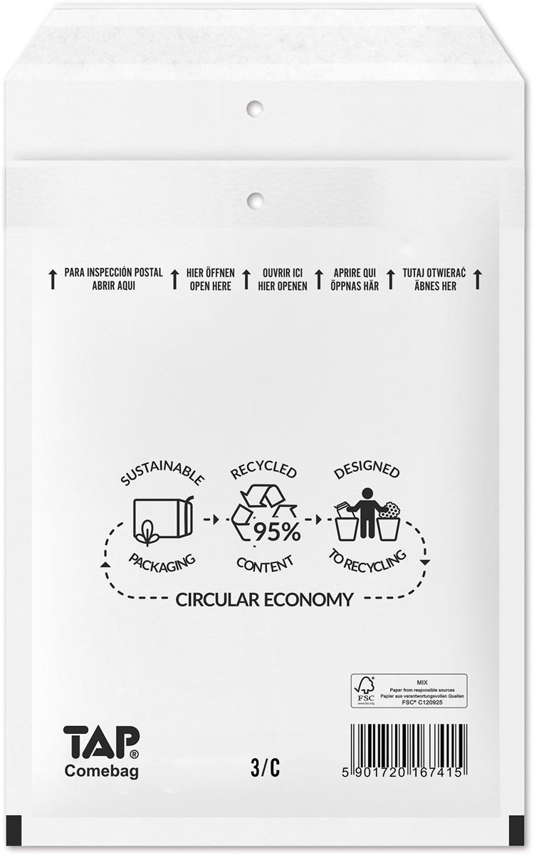 Comebag luchtkussenenveloppen, ft 150 x 215 mm, met stripsluiting, wit, doos van 100 stuks Comebag luchtkussenenveloppen, ft 150 x 215 mm, met stripsluiting, wit, doos van 100 stuks