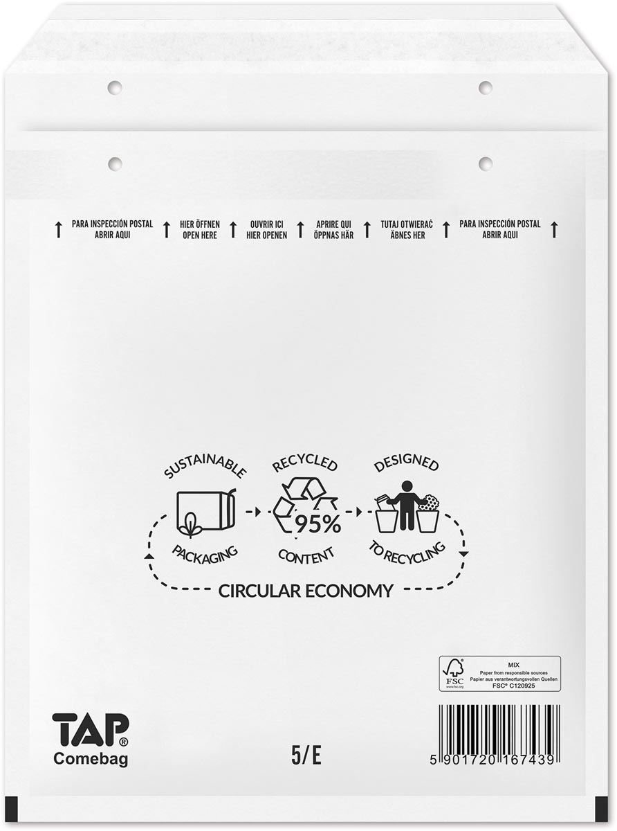 Comebag luchtkussenenveloppen, ft 220 x 265 mm, met stripsluiting, wit, doos van 100 stuks Comebag luchtkussenenveloppen, ft 220 x 265 mm, met stripsluiting, wit, doos van 100 stuks
