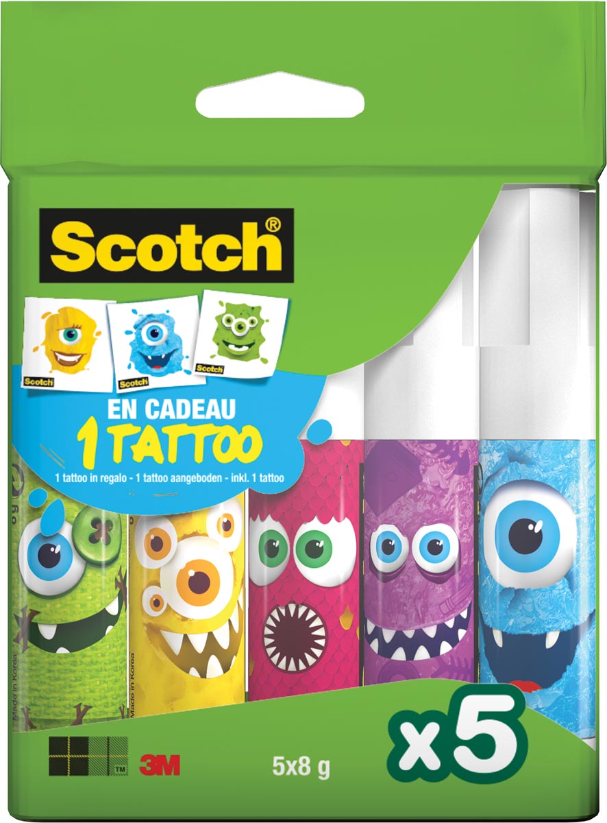 Scotch lijmstift Monster permanent, doos van 5 x 8 g, 2 clipstrips van 12 dozen per strip