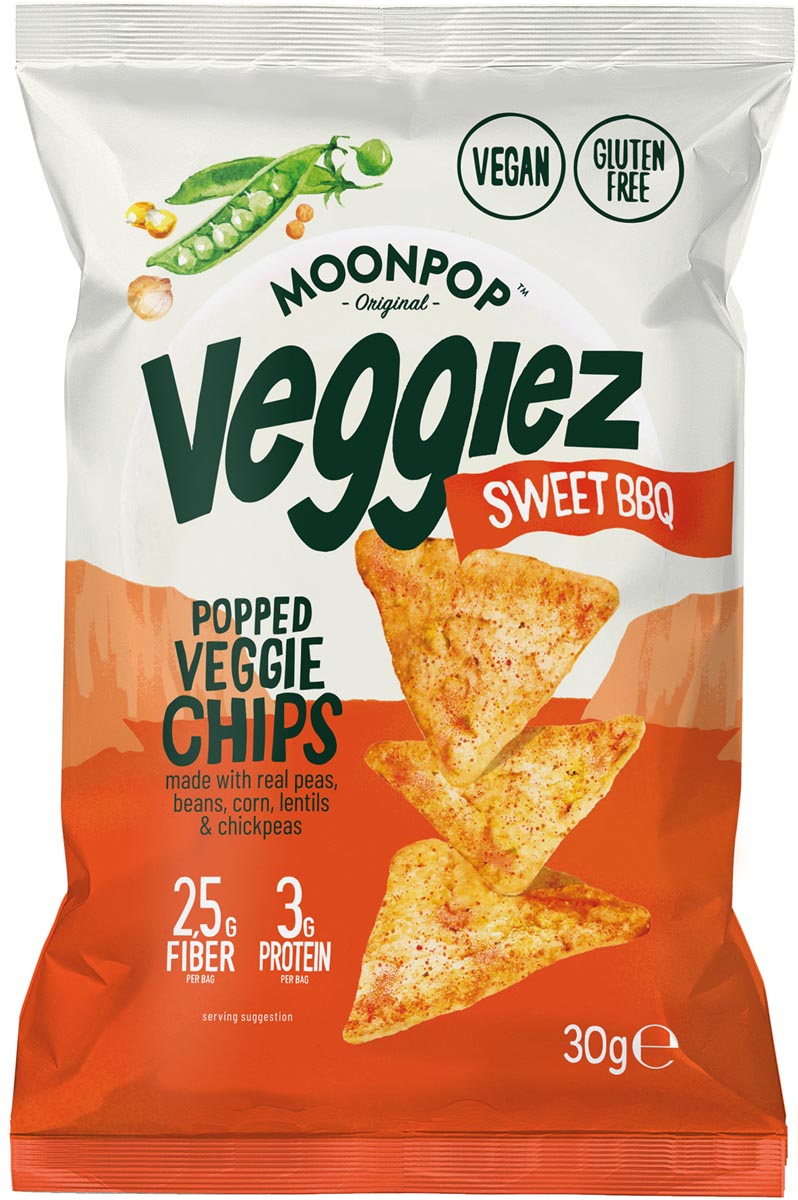 Moonpop Veggiez chips Sweet BBQ, zak van 30 g Moonpop Veggiez chips Sweet BBQ, zak van 30 g