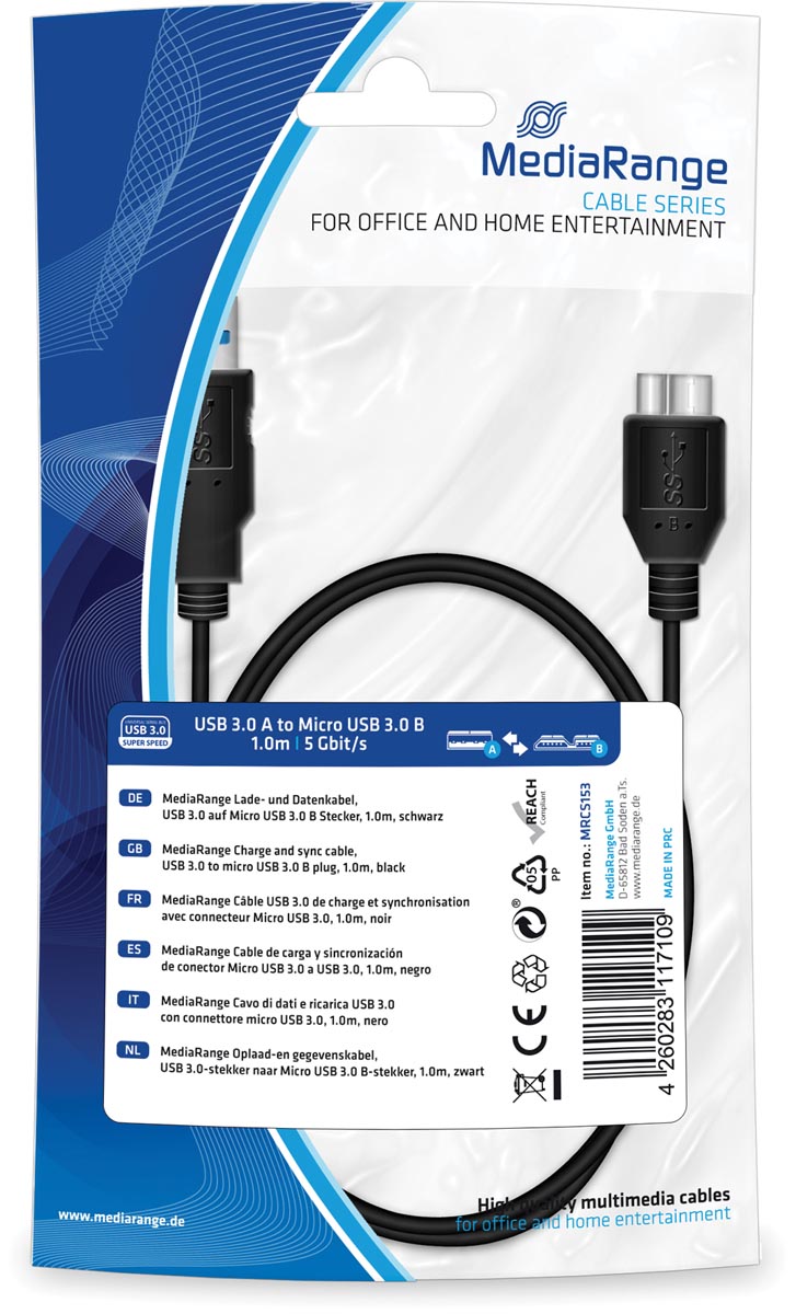 Oplaad- en gegevenskabel, USB 3.0-stekker naar Micro USB3.0 B-stekker, 1.0m