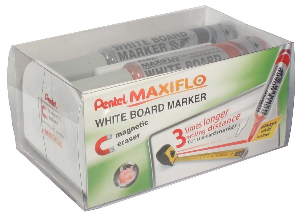 Pentel whiteboardmarker Maxiflo set van 4 stuks: blauw, rood, groen en zwart + magnetische bordwisser afbeelding