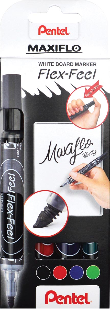 Pentel whiteboardmarker Maxiflo Flex-Feel, etui met 4 stuks, geassorteerde kleuren