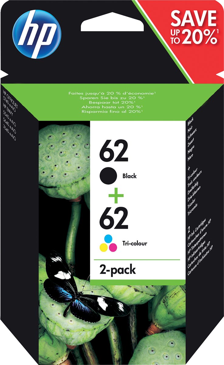 HP inktcartridge 62, 165-200 pagina&apos;s, OEM N9J71AE, 1 x zwart en 1 x 3 kleuren afbeelding
