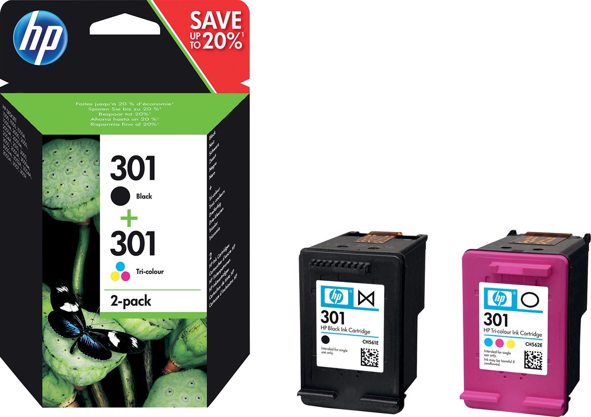 HP inktcartridge 301, 165-190 pagina&apos;s, OEM N9J72AE, 1x zwart en 1 x 3 kleuren afbeelding