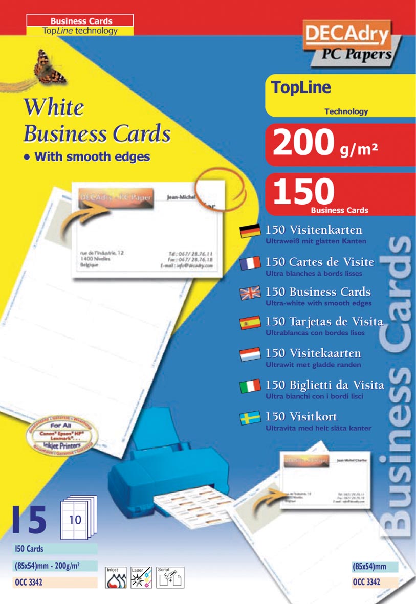 Decadry visitekaarten TopLine 150 kaartjes (10 kaartjes ft 85 x 54 mm per A4), rechte hoeken afbeelding