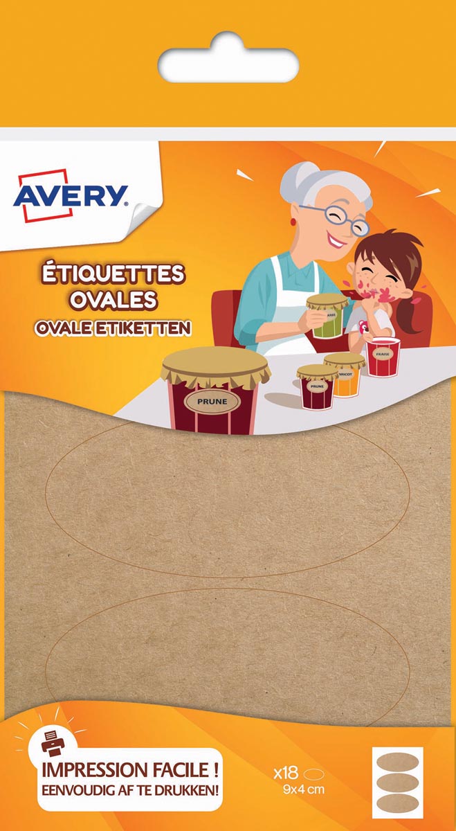 Avery Family ovale etiketten, ft 4 x 9 cm, kraft, ophangbare etui met 18 etiketten afbeelding