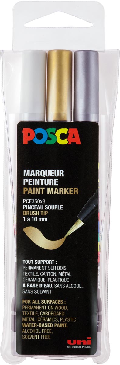 Posca paintmarker PCF-350, brush tip, étui van 3 stuks, assorti (goud, zilver en wit) afbeelding