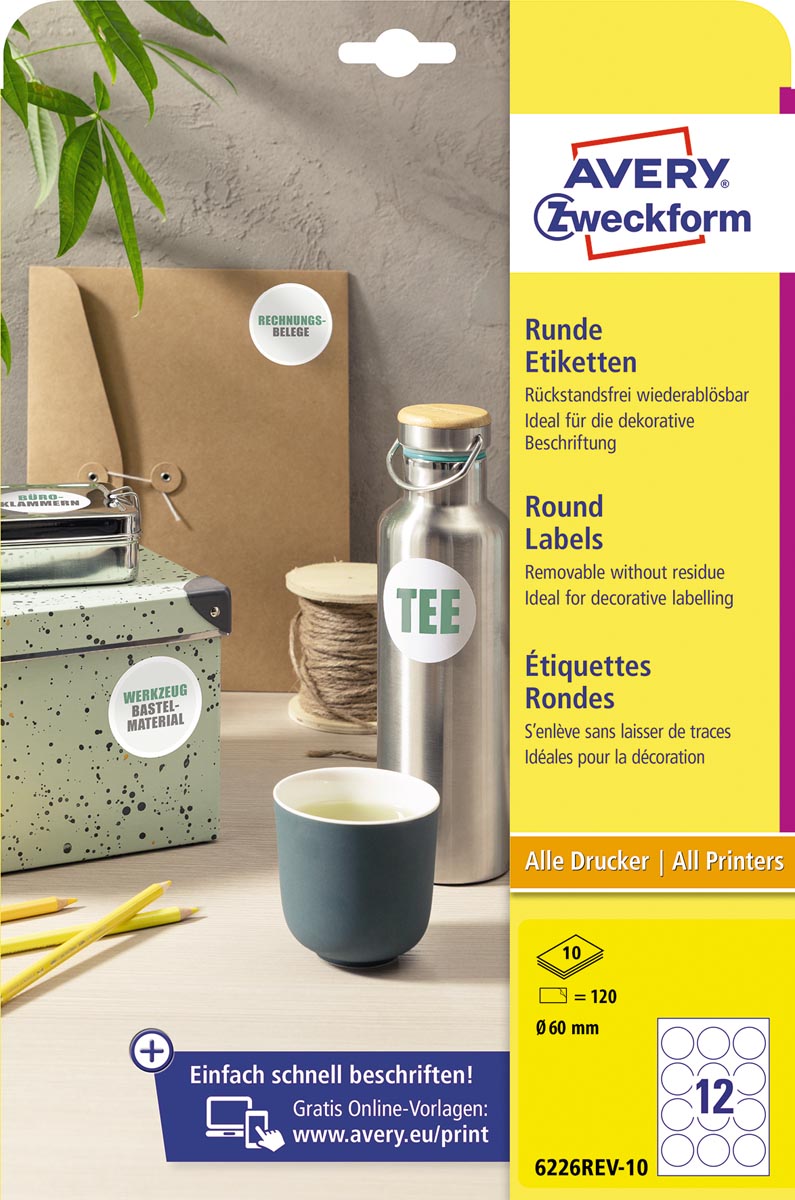 Avery Zweckform ronde etiketten, 60 mm, blister van 120 stuks, wit afbeelding