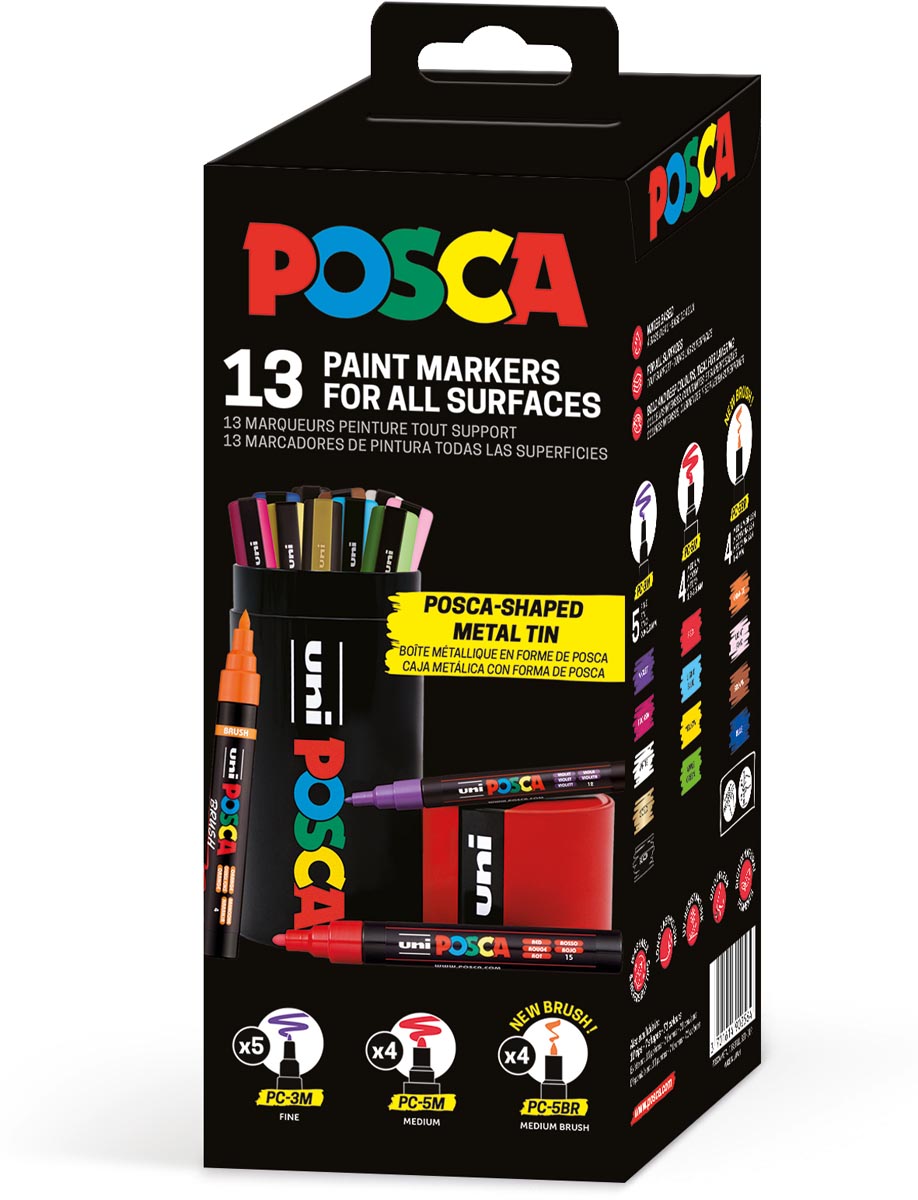 Uni Posca paintmarker, assorti, metalen koker van 13 stuks