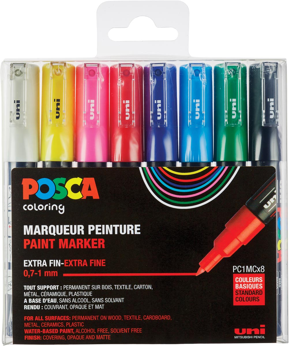Uni POSCA paintmarker PC-1MC, 0,7 - 1 mm, etui van 8 stuks in geassorteerde basiskleuren afbeelding