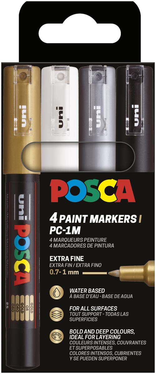 Uni POSCA paintmarker PC-1MC, 0,7 - 1 mm, etui van 4 stuks, goud, zilver, wit en zwart afbeelding