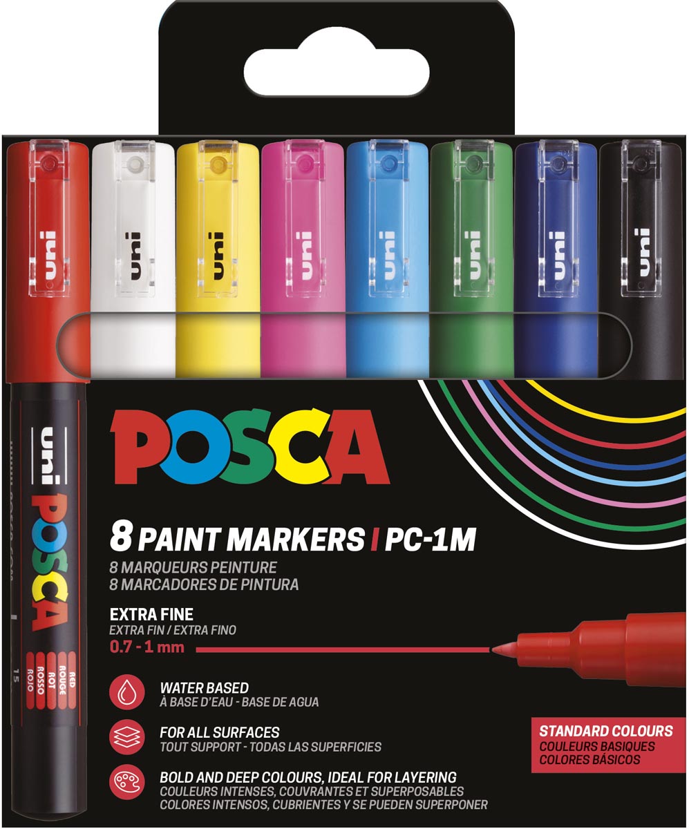 Uni POSCA paintmarker PC-1MC, 0,7 - -1 mm, etui van 8 stuks in geassorteerde basiskleuren afbeelding