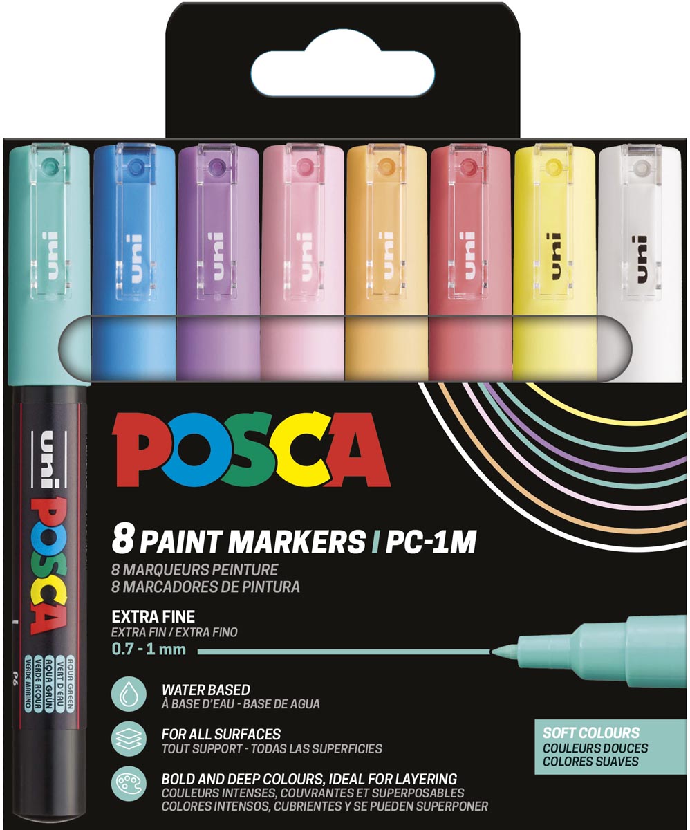 Uni POSCA paintmarker PC-1MC, 0,7 - 1 mm, etui van 8 stuks in geassorteerde zachtekleuren afbeelding
